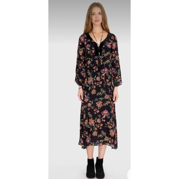 Johnny Was Jade Luca Maxi Dress Black Floral Size Large Silk Boho Whimsigoth NWT - Picture 1 of 10